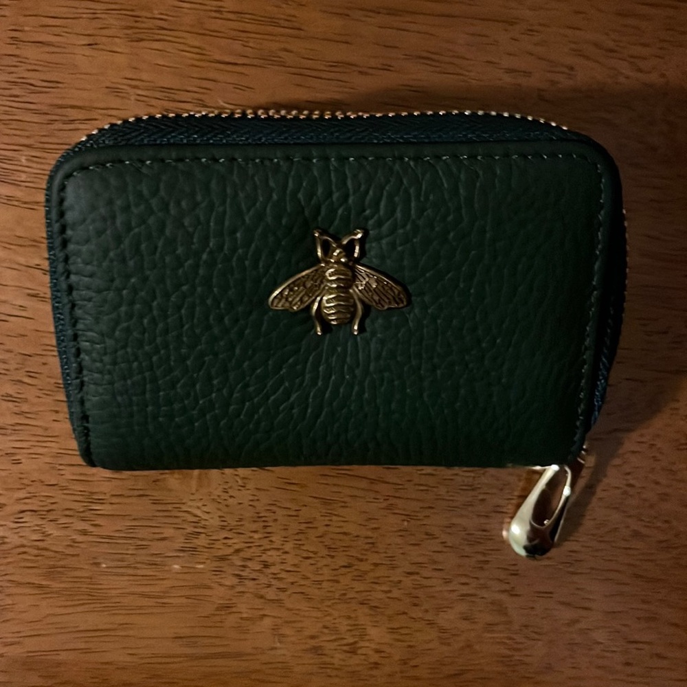 Hunter green credit card wallet with silver bee